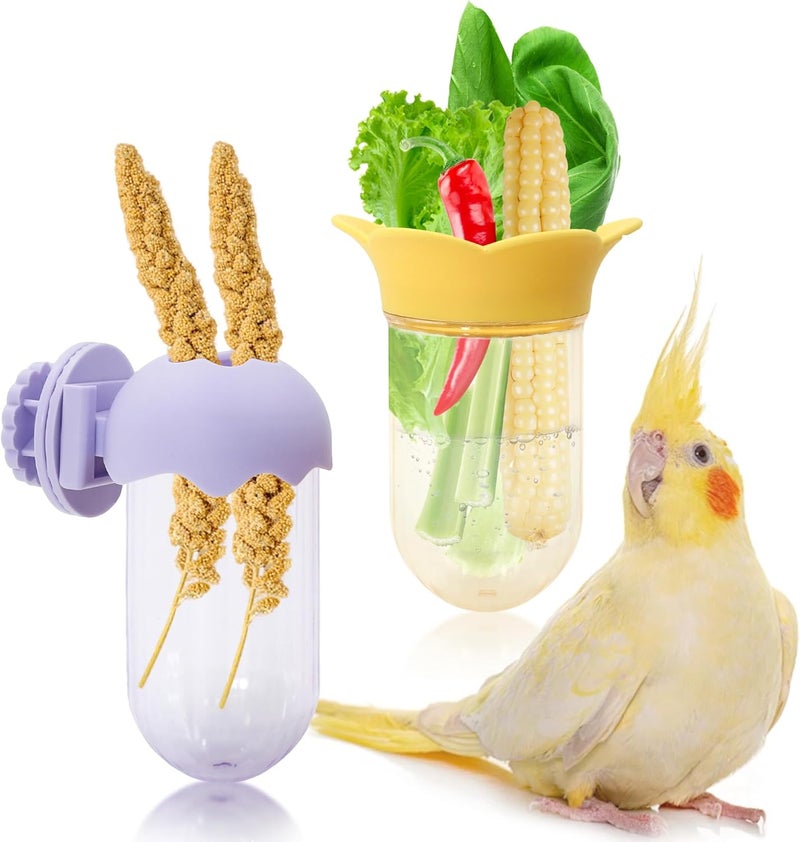 Jevnd 2Pcs Bird Cage Feeder for Vegetable, Parrot Veggies Holder with Water-Storage Design to Keep Greens Fresh, No Mess Hanging Millet Feeder for Parakeet, Quick Clean Clip, No Spill Feeders for Parrots - Image 1